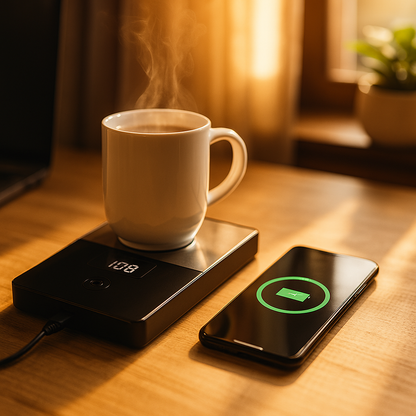 2-in-1 Smart Mug Warmer & Wireless Phone Charger – Keep Drinks at 55°C & Charge Devices Fast