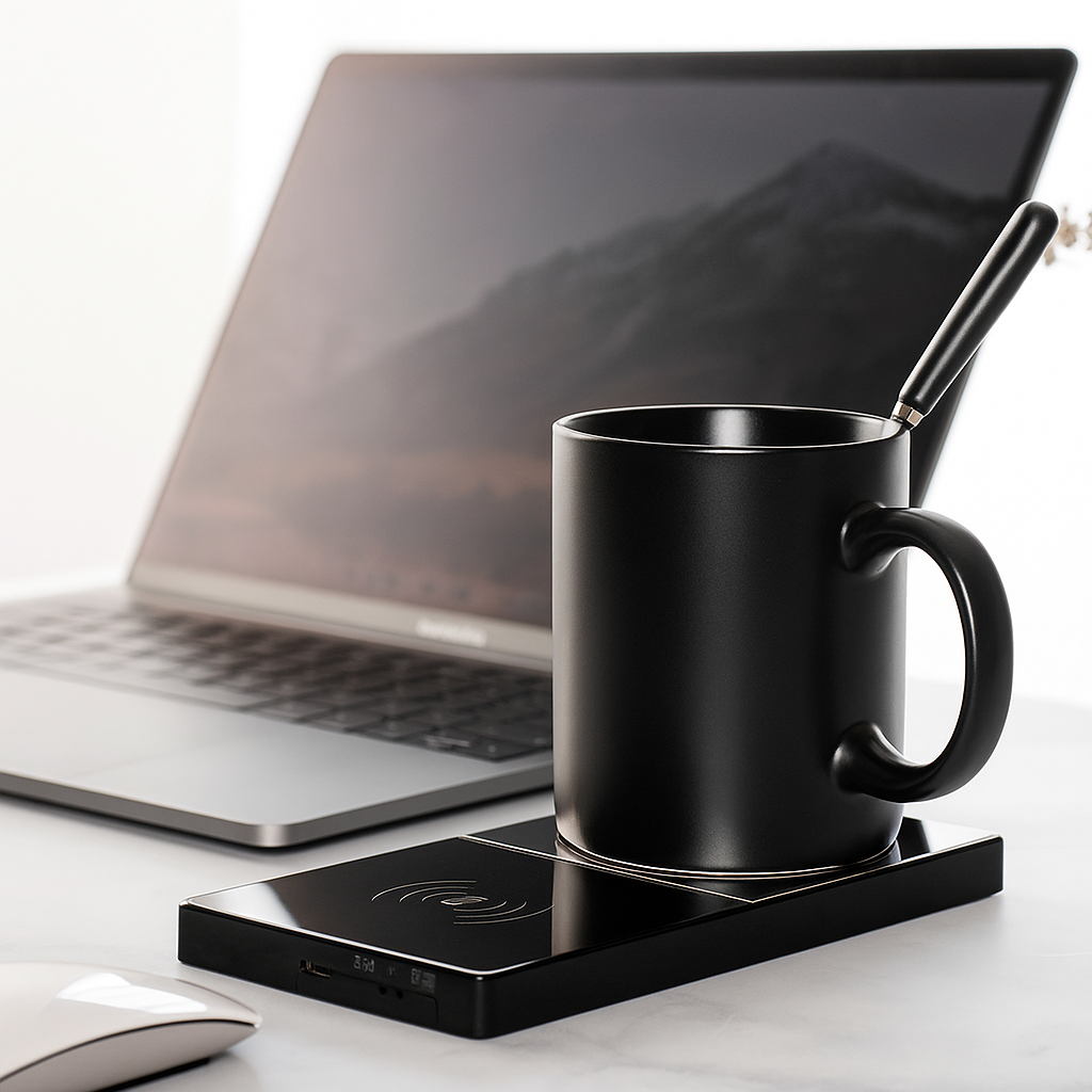 2-in-1 Smart Mug Warmer & Wireless Phone Charger – Keep Drinks at 55°C & Charge Devices Fast