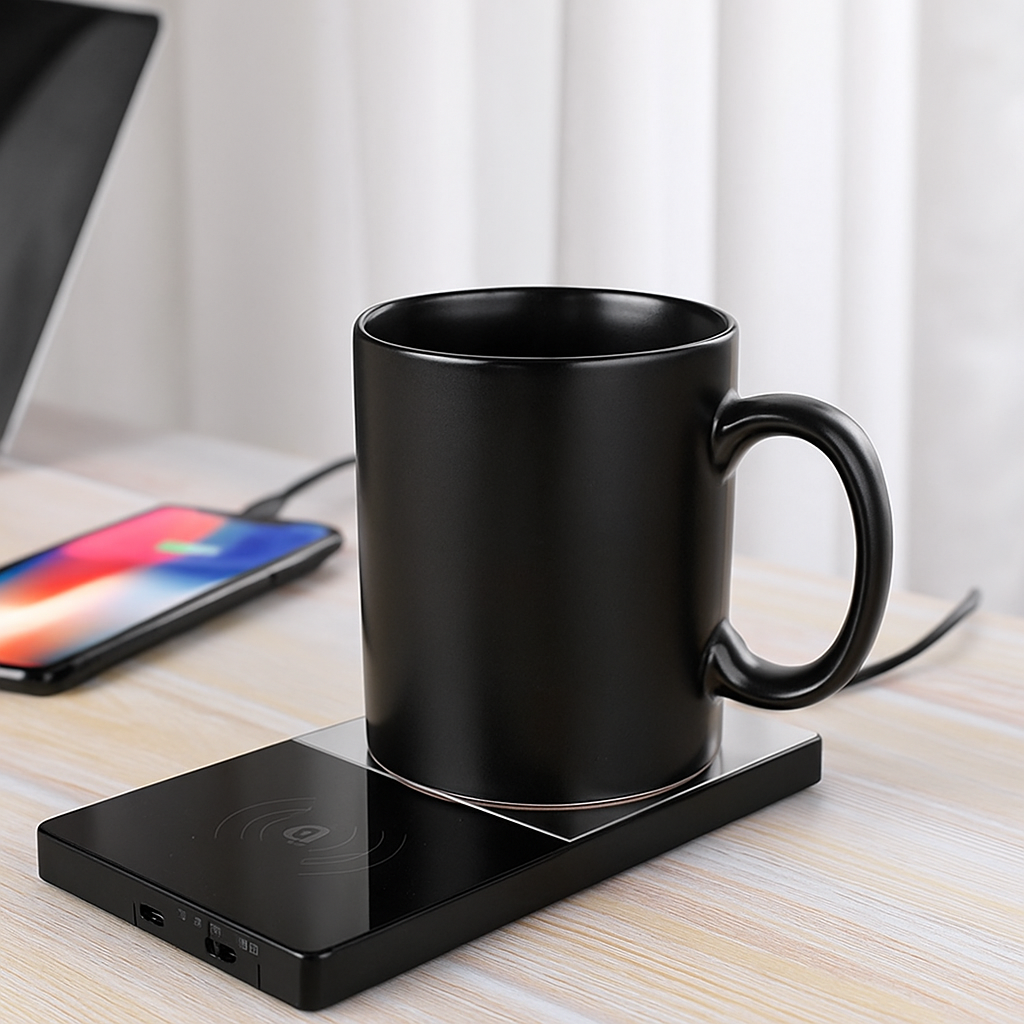 2-in-1 Smart Mug Warmer & Wireless Phone Charger – Keep Drinks at 55°C & Charge Devices Fast