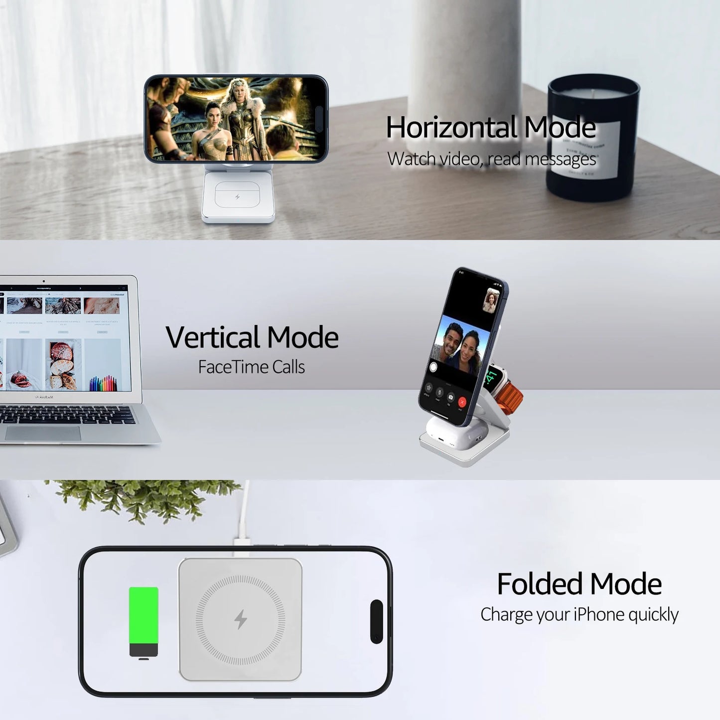 3-in-1 Magnetic Wireless Charger Stand for iPhone, airpods & Apple Watch